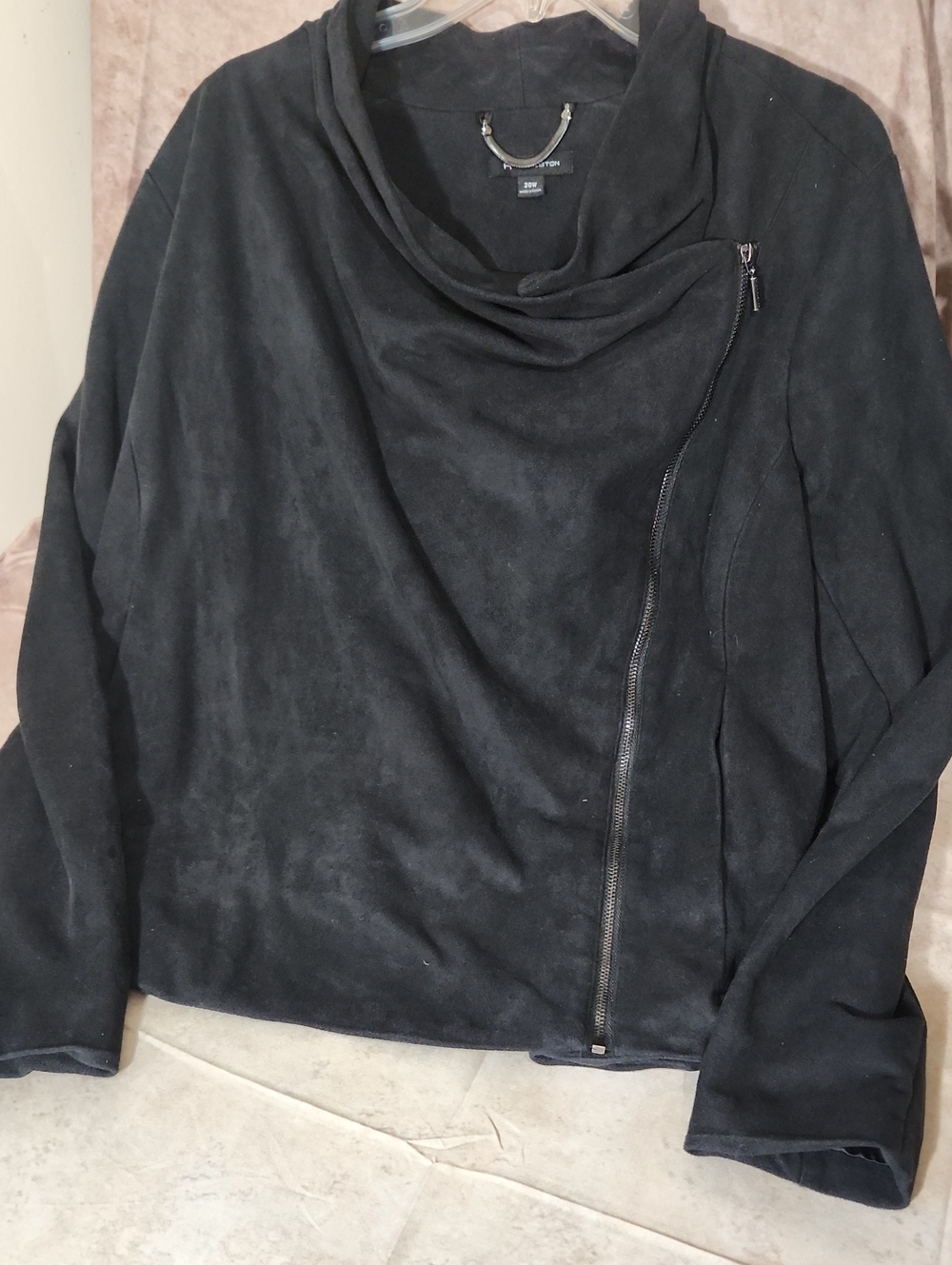 H by Halston Black Asymmetrical Zip Bomber Jacket Faux Suede